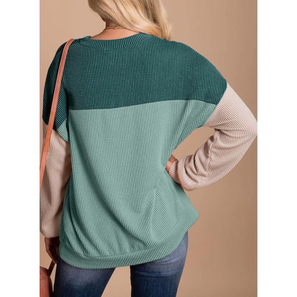 Women's Fashion Color Block Long Sleeve Crewneck Knitted Casual Loose Pullover - Picture 2 of 8